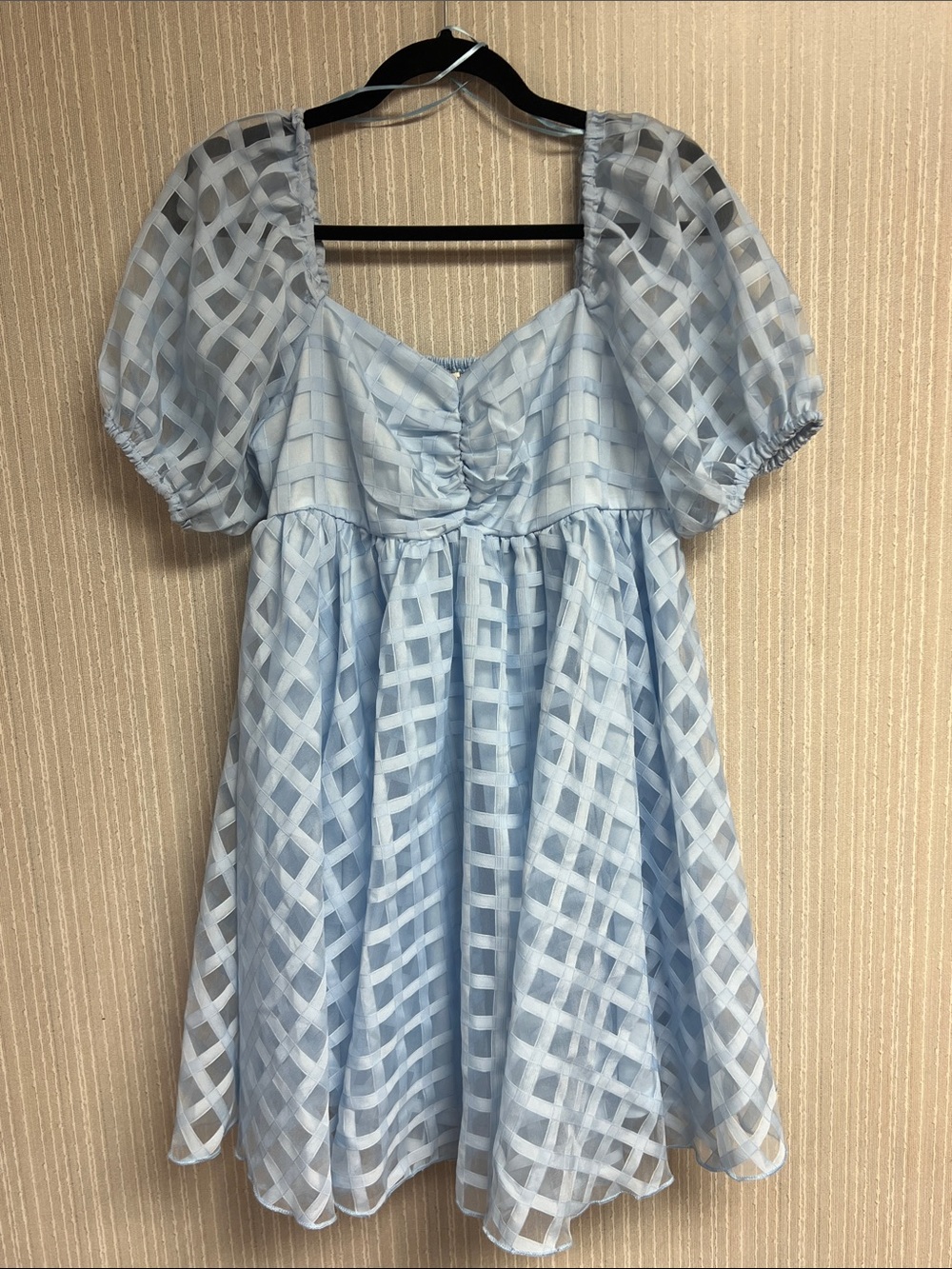 M Light Blue Puff Sleeve Mini Dress with Sheer Check Overlay